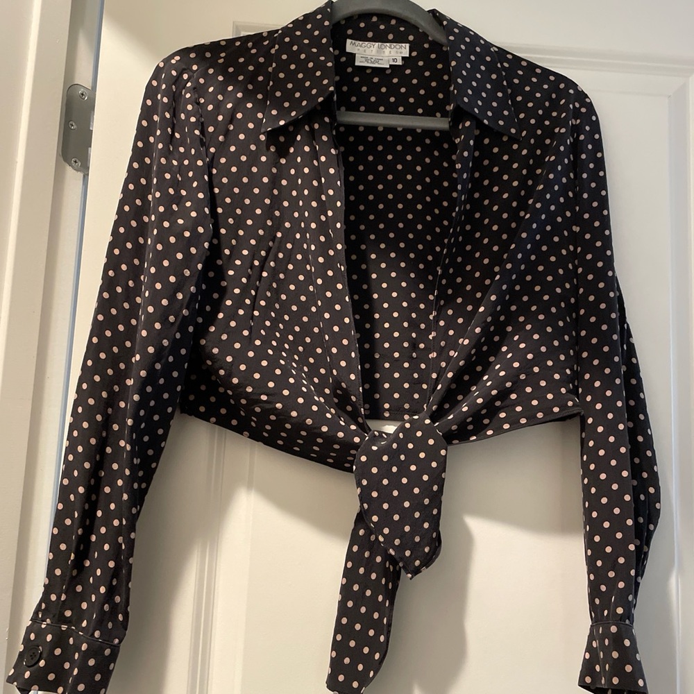 Maggy London Vintage Inspired Tie-Front Blouse Size10P Brown Pink PolkaDots  Y2K